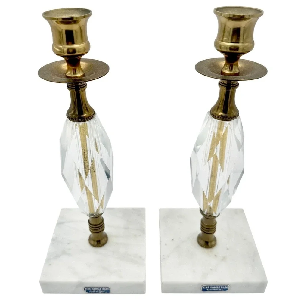 Vintage Marble, Crystal, Brass Italian Candlesticks Italy 10.5